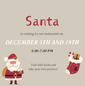 Chick-fil-A invites you to take photos with Santa on Tuesday, December 5 from 5-7pm. 