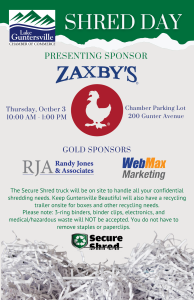 DATE: Thursday, October 3
TIME: 10am - 1pm
LOCATION: Lake Guntersville Chamber of Commerce parking lot, 200 Gunter Ave
COST AND OTHER INFO: Free, but 3BAG OR 3 BOX limit per attendee.

THANK YOU SPONSORS!
Presenting Sponsor Zaxby's
Gold Sponsors Randy Jones & Associates and WebMax Marketing