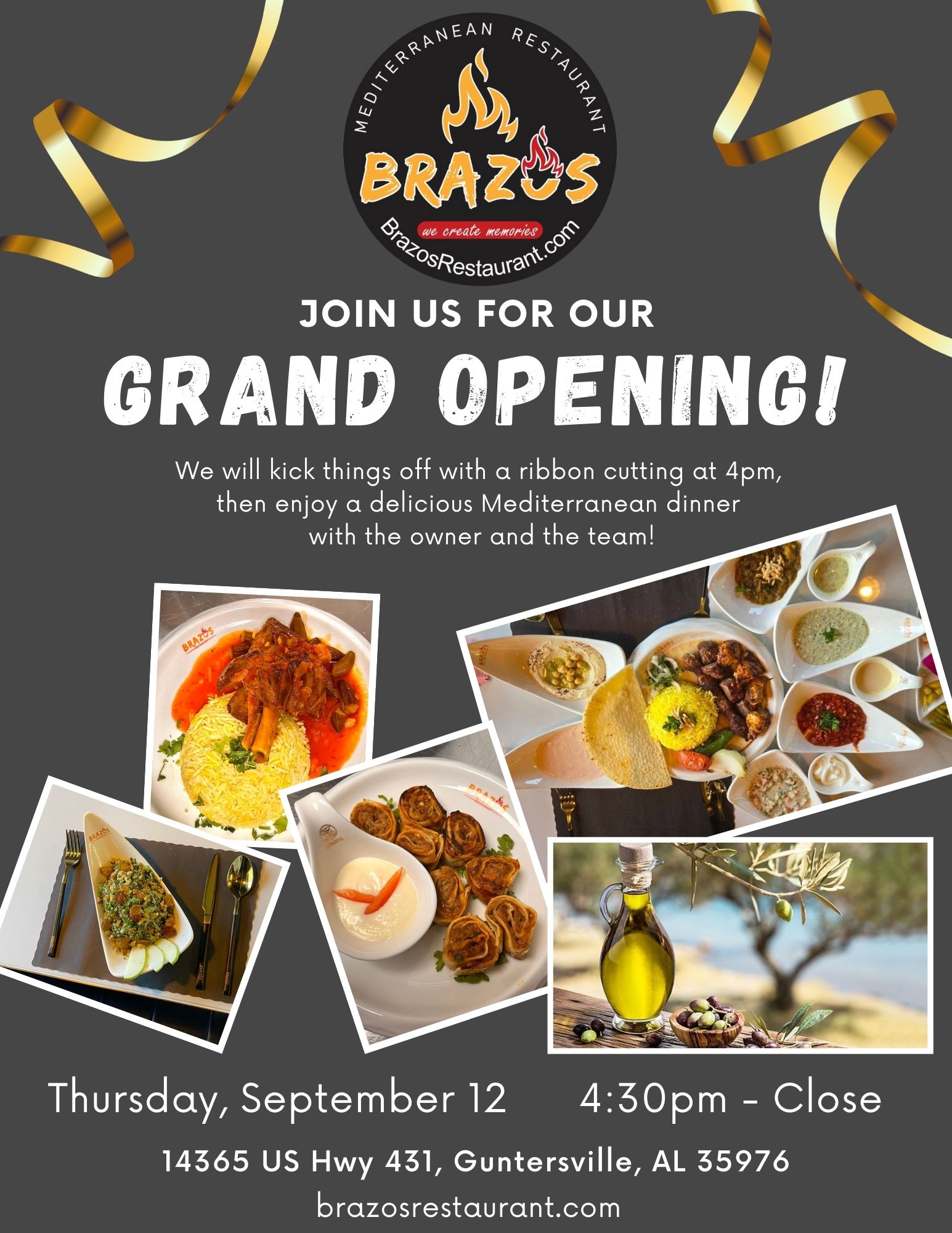 DATE: Thursday, September 12
TIME: 4:30 pm - close
LOCATION: Brazos Restaurant, 14365 US Hwy 431, Guntersville
DETAILS: Check out what Brazos has to offer and enjoy a taste of the Mediterranean.