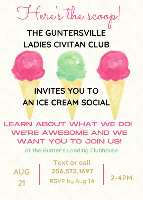 DATE: Wednesday, August 21
TIME: 2:00 - 4:00 pm
LOCATION: Gunter's Landing Clubhouse, 1000 Gunter's Landing Rd
RSVP: Call 256-572-1697
DETAILS: Learn all about what the Civitans do and get info on becoming a member.