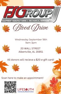 Wednesday, September 18

9:00 a.m.- 3:00 p.m

20 Wall Street Albertville, Ala.

All donors will receive a $20 e-gift card.