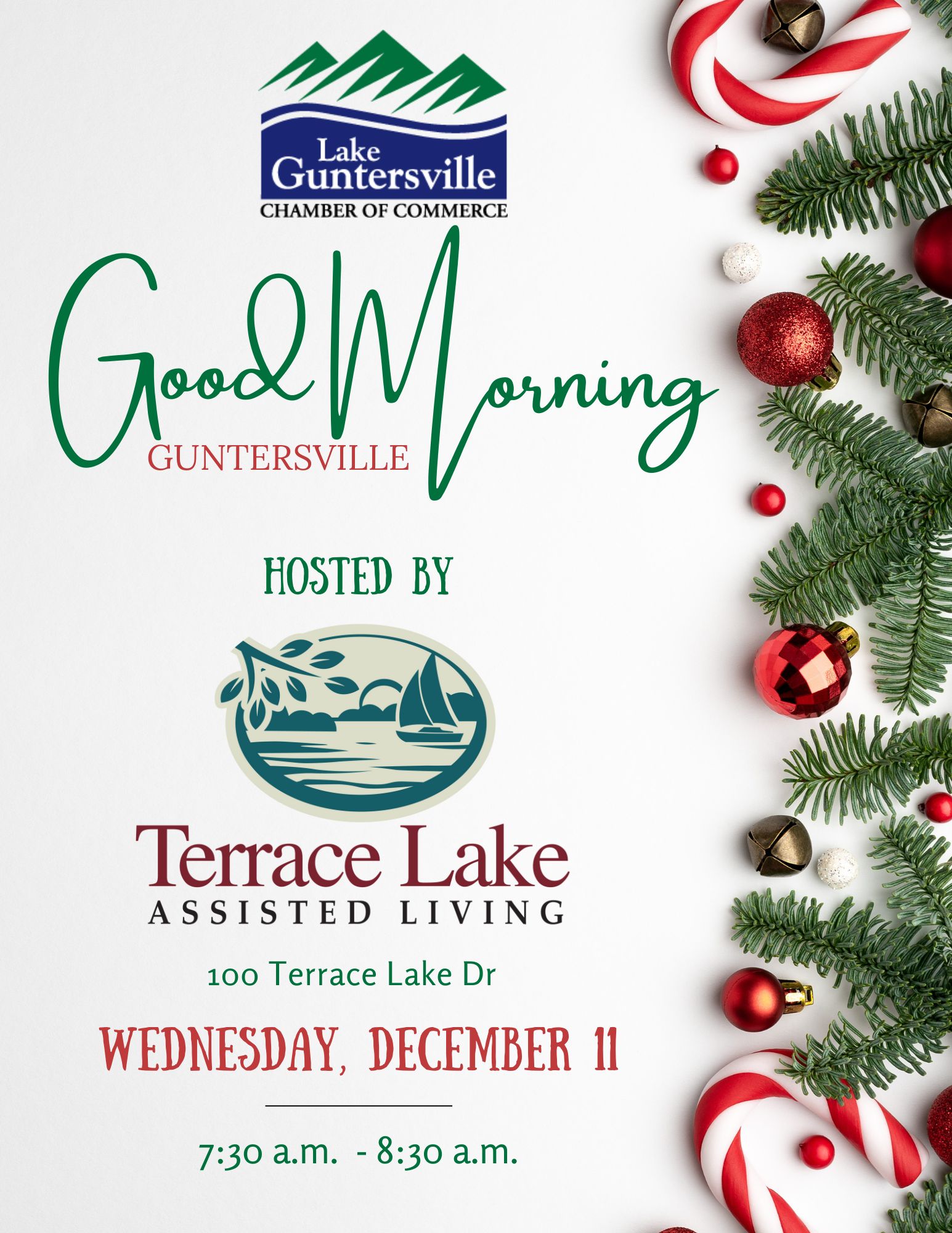 DATE: Wednesday, December 11
TIME: 7:30 - 8:30 am
LOCATION: Terrace Lake Retirement Community, 100 Terrace Lake Drive
DETAILS: Good Morning Guntersville is a great way to expand your professional network. Open to current and prospective Chamber members. RSVP opening soon.