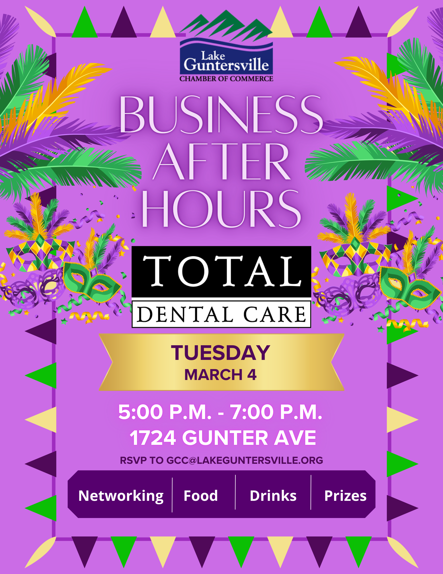 DATE: Tuesday, March 4
TIME: 5:00 - 7:00 pm (come and go as you can)
LOCATION: Total Dental Care, 1724 Gunter Ave
DETAILS: Business After Hours is a great opportunity for you to expand your professional network! Join us anytime between 5:00 pm and 7:00 pm for networking, food, fun, prizes, and more. We will open the floor around 6:00 pm for announcements. Open to current and prospective Chamber members.
RSVP LINK