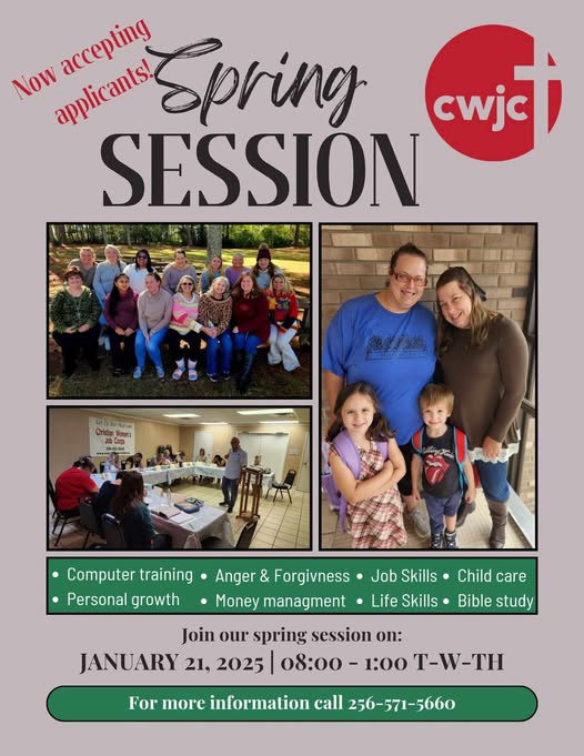 DATE: Tuesday, January 21
TIME: 8:00 am - 1:00 pm, Tuesday, Wednesday, Thursdays
LOCATION: 5025 Spring Creek Dr, Guntersville
DETAILS: Now accepting applications! Message us to set up a time to come tour the classroom and meet the director!
CWJC FACEBOOK LINK