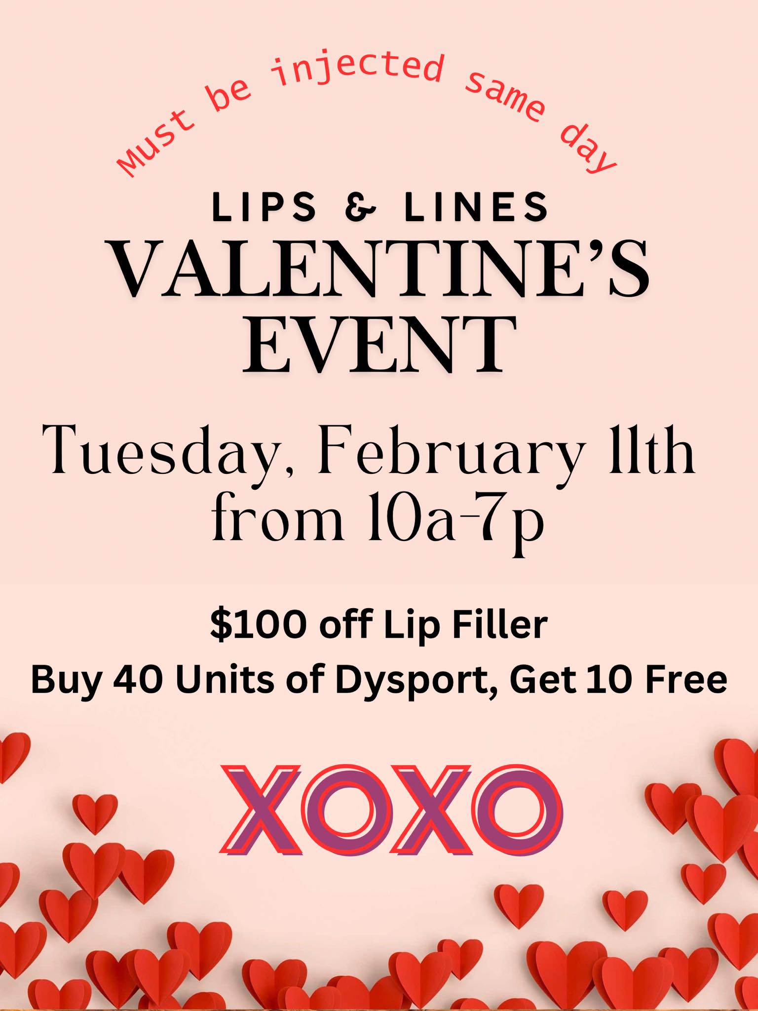 DATE: Tuesday, February 11
TIME: 10am - 7pm
LOCATION: The Grove Grotto & Spa, Albertville
DETAILS: Enjoy $100 off lip filler/buy 40 units of Dysport, get 10 free. Call 256.660.1714 to schedule your appointment.