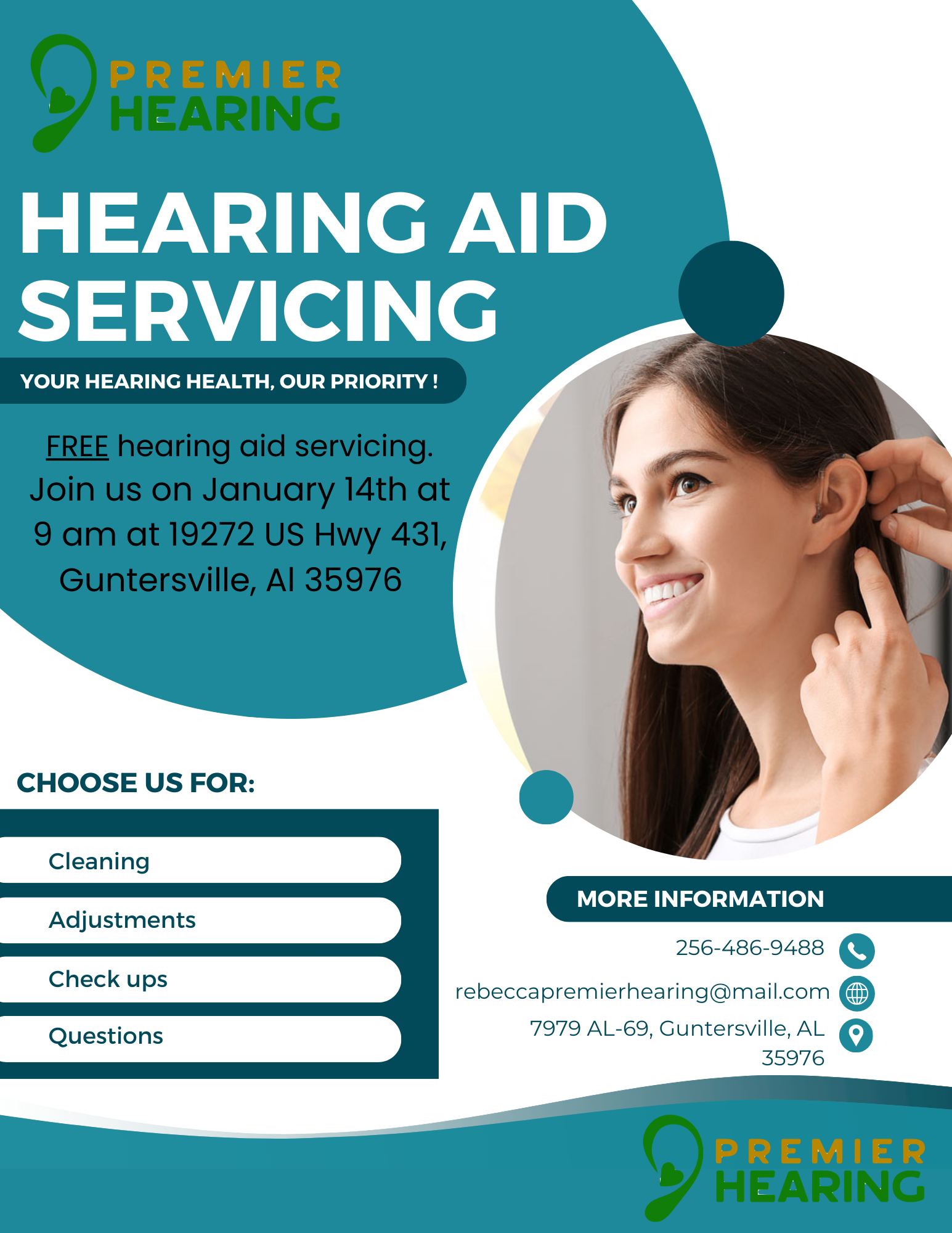 DATE: Tuesday, January 14
TIME: 9:00 am
LOCATION: Premier Hearing Center, 7979 AL-69, Guntersville
DETAILS: Schedule an appointment for a FREE hearing aid service.