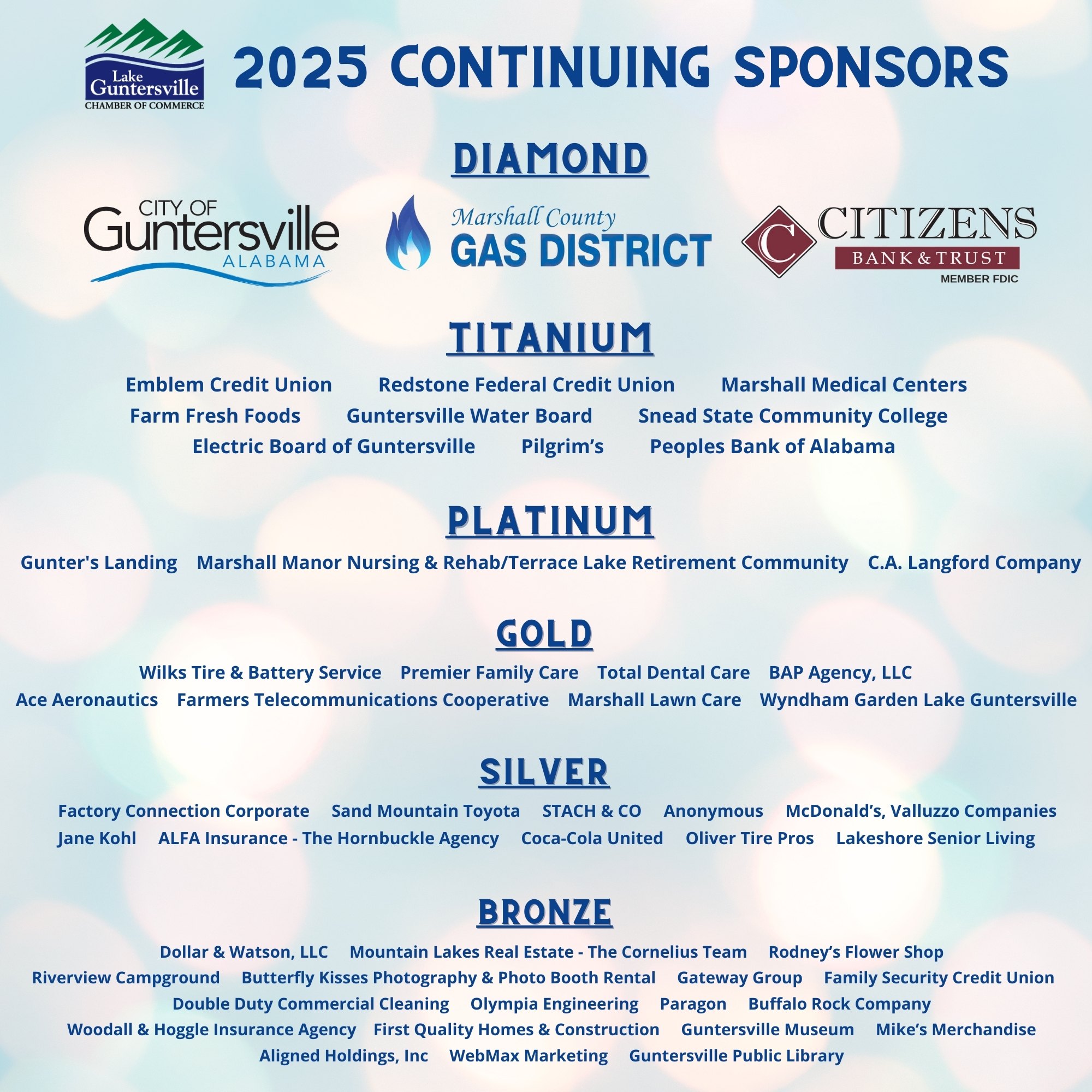 We are grateful to all our members and community partners, and
especially our Continuing Sponsors, who continually work to make Guntersville
a wonderful place to live, work, and play.